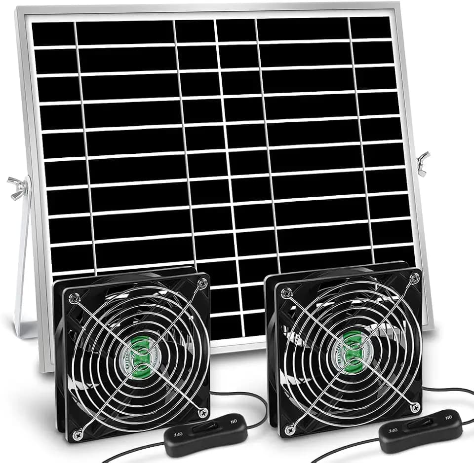 Solar Powered Fan, Solar Fan for Shed, Chicken Coop, Greenhouse, Outside with Two IPX7 Waterproof 5In Fans 13Ft On/Off Switch Cable Exhaust Intake Mounting Way and Installation Kits