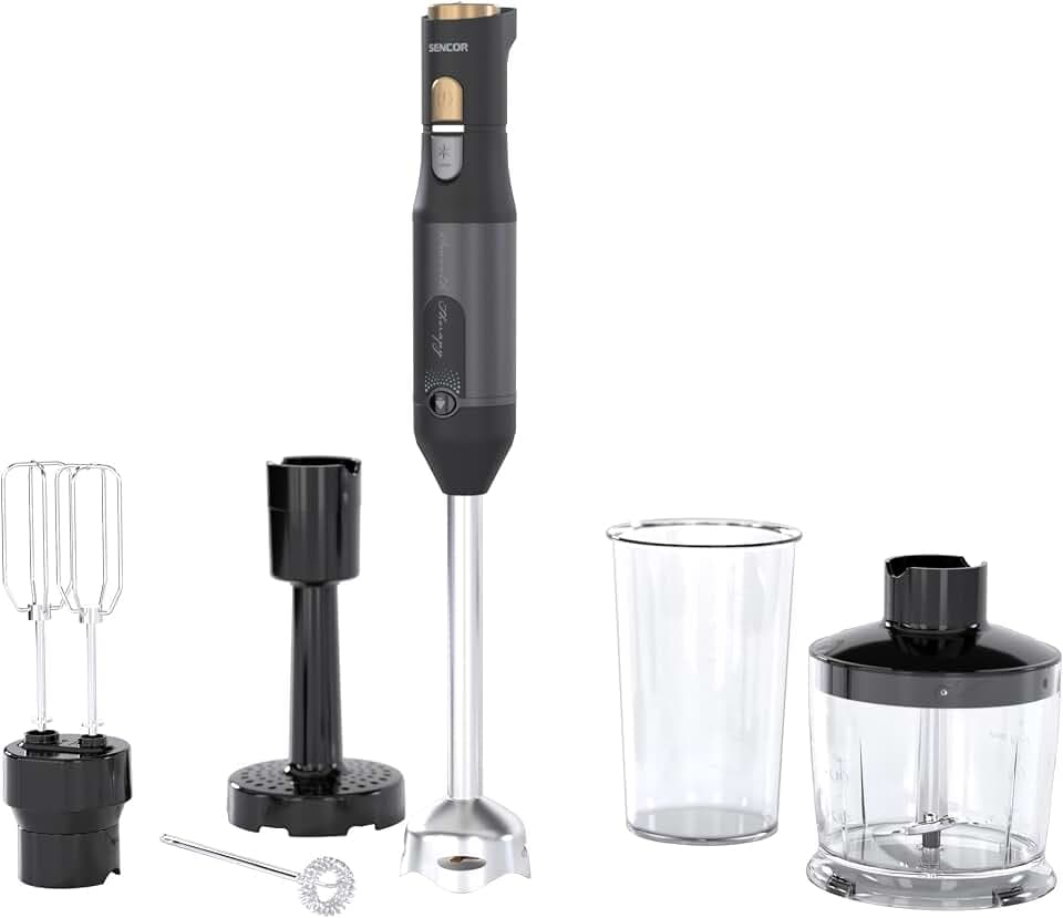 Sencor Stabmixer Multifunktional 6 in 1, 1200W, mit Doppelquirl, Zerkleinerer & Milchaufschäumer, Kartoffelpresse, QuadBlade-Klingen aus Titan, Stufenlose Geschwindigkeitskontrolle, Elegantes, Schwarz
