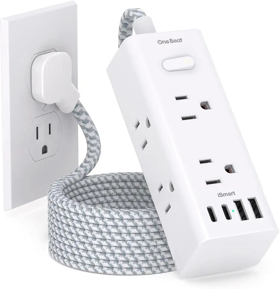 One Beat Surge Protector Power Strip, 5 Ft Flat Plug Extension Cord, 900J