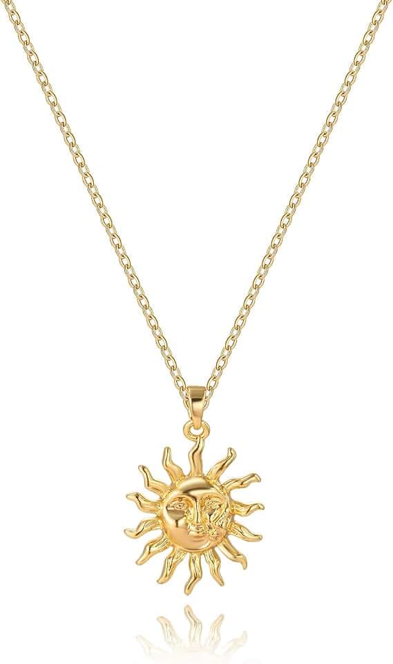 Sun Pendant Necklace for Women, 14K Gold Plated Dainty Sun Necklace Cute Minimalist Diamond Necklace Jewelry Gifts for Women