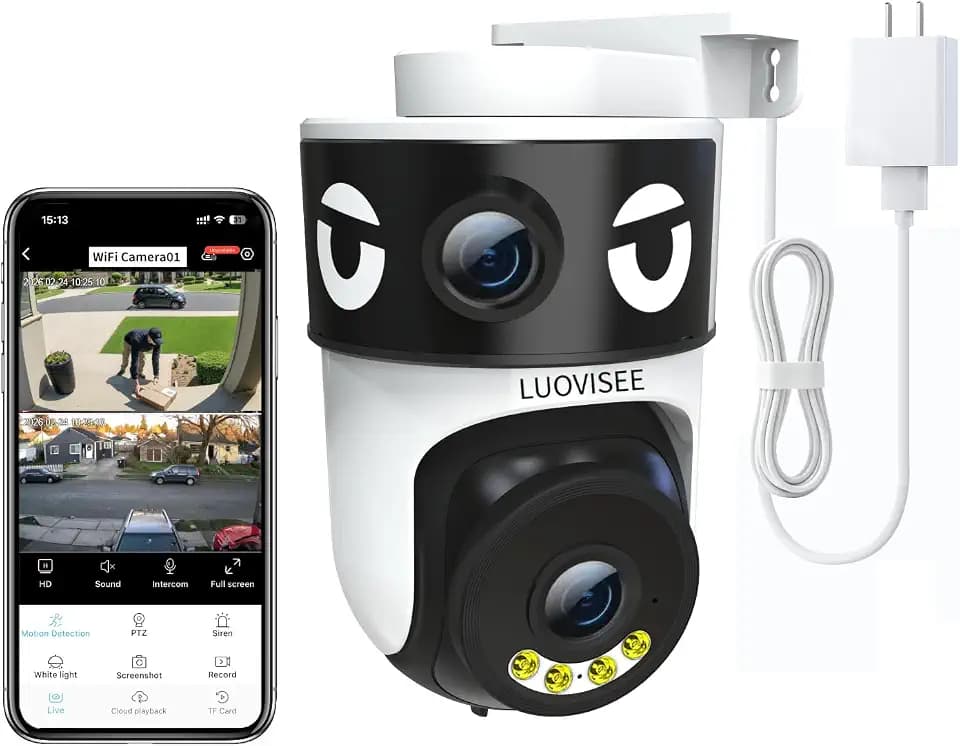 Luovisee Dual Lens Security Camera Outdoor/Indoor,Wired Camera for Home Security for Plug-in 24/7 Continuous Recording,360° View Pan/Tilt,Siren Alarm,Two Way Audio,2.4GHz Wi-Fi