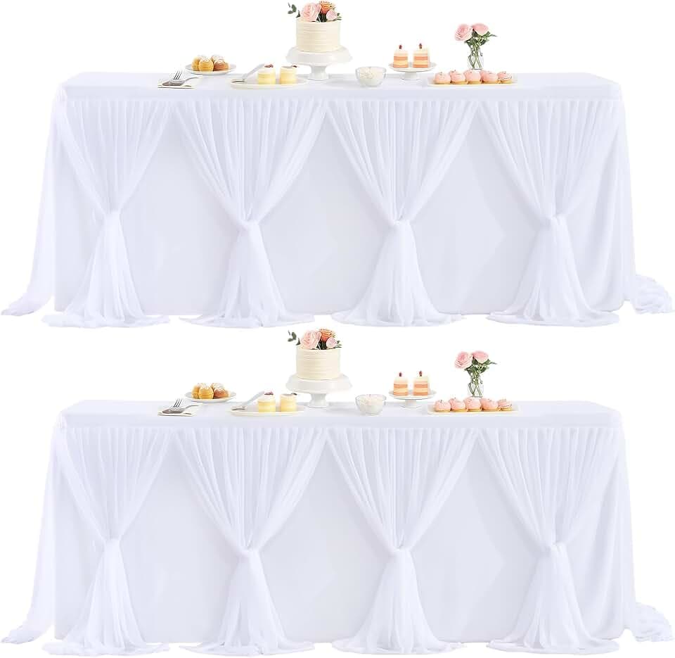 Besutolife White Tulle Tablecloth 2Pack Stretchable Cross Table Cover 3 Sides for Wedding, Birthday, Party Decor, Banquet, Bridal Shower Fits Rectangle Tables 4ft
