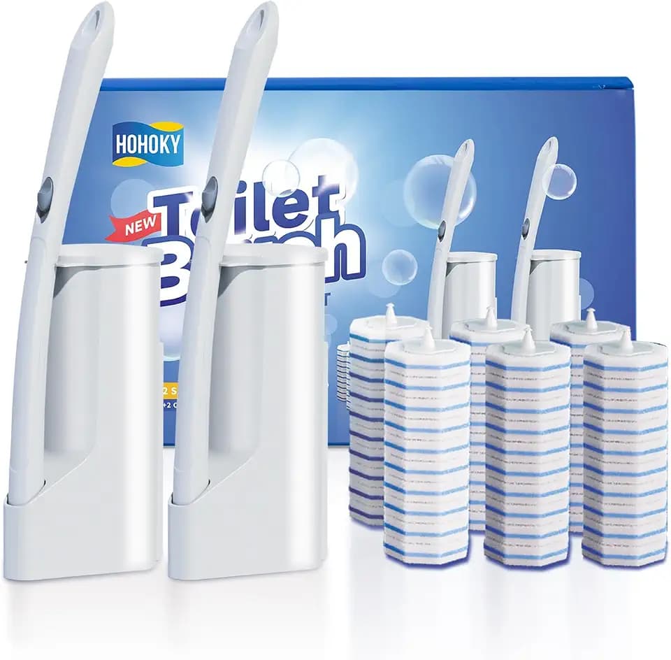 Hohoky Disposable Toilet Brush Cleaning System, Two Sets of Wands and 60p Refills Pads Replacement Heads, Wall Mounted Toliet Stick Starter Kit Bathroom Maintenance, Toilet Bowl Cleaner Holder
