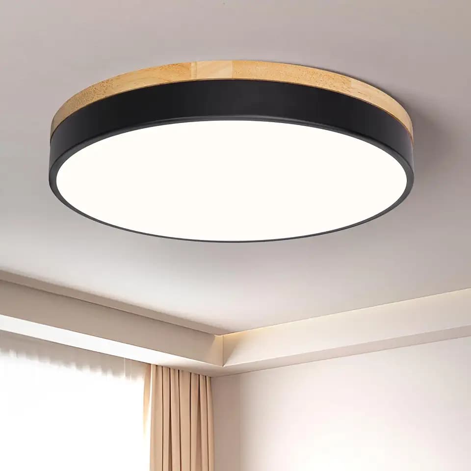 Modern Wood Black Flush Mount Ceiling Light 15.75 Inch