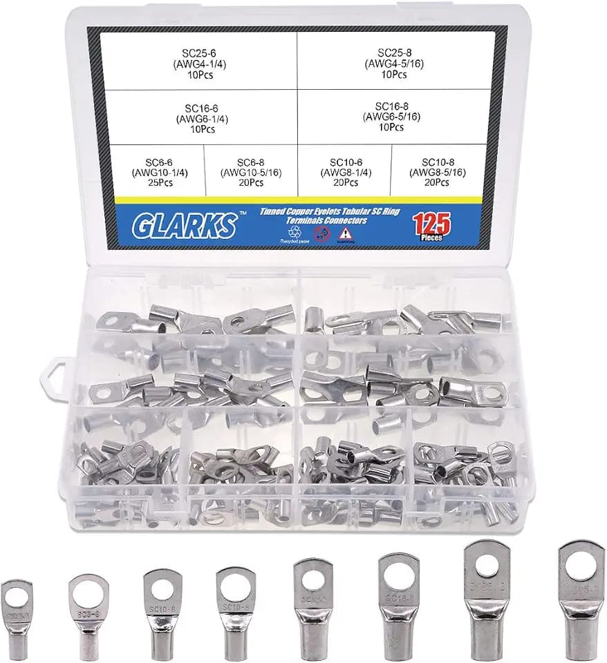 Glarks 125Pcs Marine Grade Heavy Duty Tinned Copper Wire Lugs Battery Cable Ends Eyelets SC Ring Terminal Connectors Assortment Kit