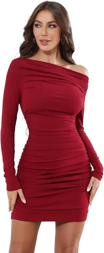 TrendiMax Damen Bodycon Minikleid Gerippt Langarm Freizeitkleid Sexy One Off Shoulder Geraffte Kleider Kurzes Cocktail Party Club Kleid Einfarbig