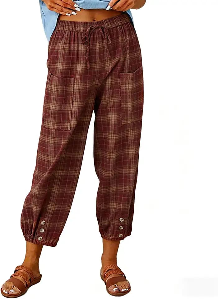 Women's Capri Pants High Waist Drawstring Cinch Bottom with Button Cotton Loose Casual Trouser with Pockets