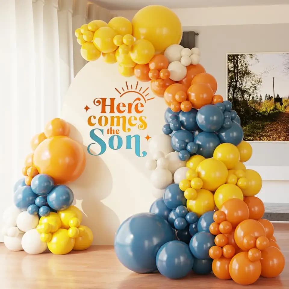 Retro Blue Burnt Orange And Mustard Yellow Balloon Arch Kit 136-Pcs Here Comes The Son Balloons Perfect For Sunshine Baby Showers,Boy First Trip Around The Sun Birthdays Decorations Boho Themed Party