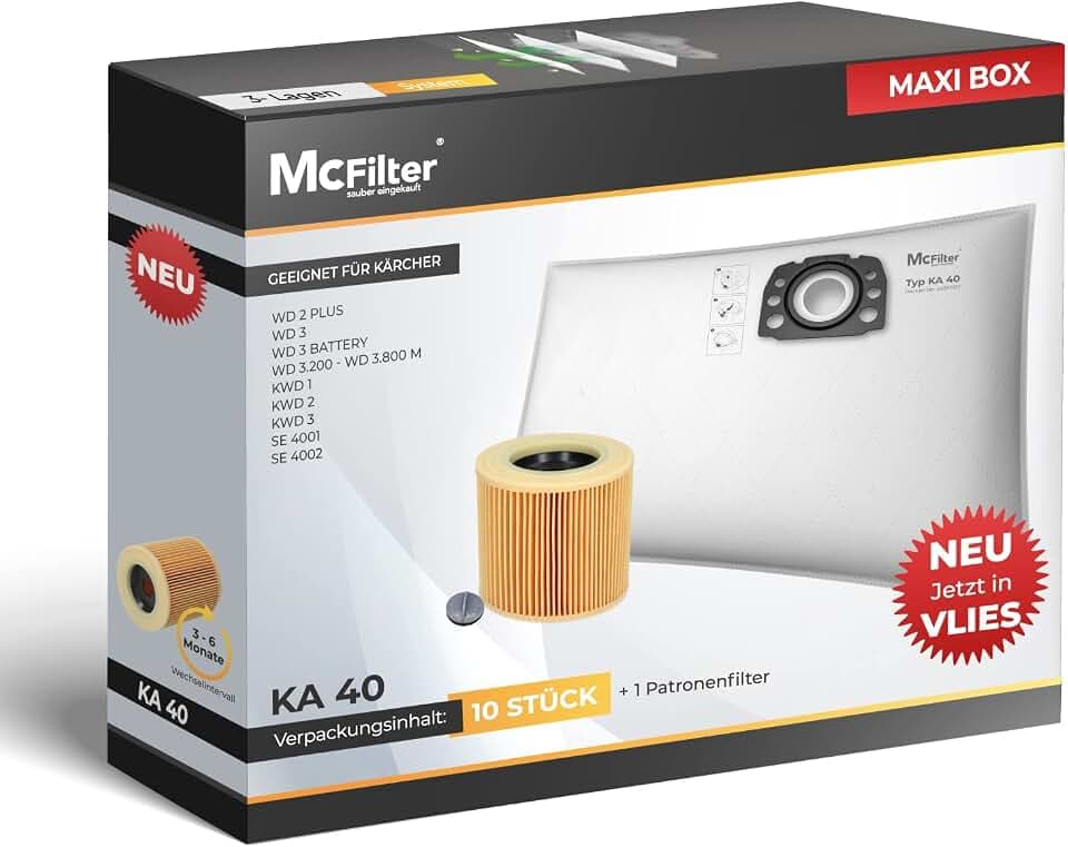 McFilter I 10 Staubsaugerbeutel + 1 Filter geeignet für Kärcher KFI 357 I WD 2 Plus WD 2 Plus V-12/4/18/C, WD 3 Serie WD 3 V-17/4/20, KWD 1-3, SE 4001, SE 4002, passend wie 2.863-314.0 2.863-303.0