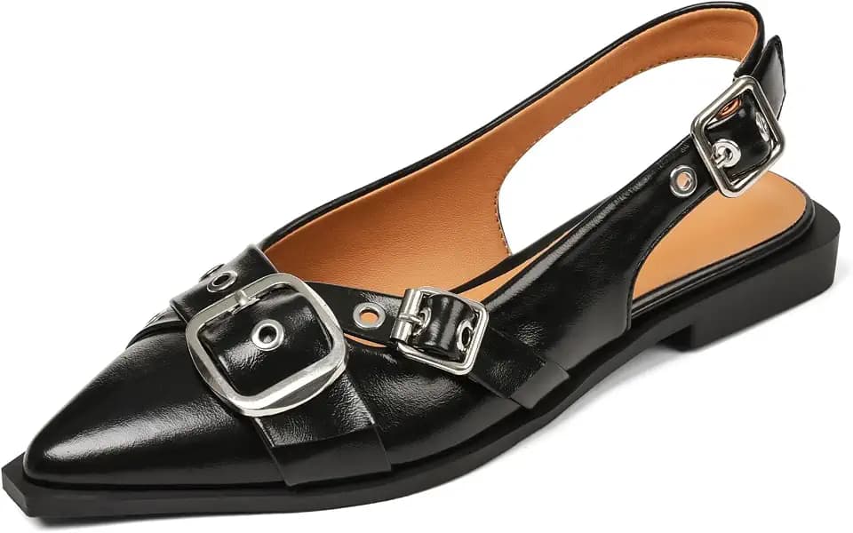 Kalstage Women's Slingback Flats Closed Pointed Toe Low Heel Dress Flat Shoes Buckle Patent Leather Ballet Flats for Women Comfortable Work
