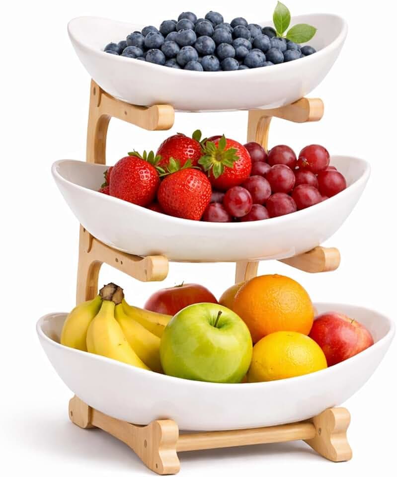 Obst Etagere 3 Stöckig Keramik mit Bambusständer – Etagere Obstschale für Küche & Esstisch, Große Obstständer für Arbeitsplatte, Spülmaschinenfest
