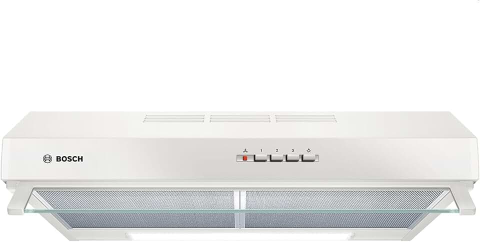 Bosch DUL63CC20 Serie 4 Unterbauhaube, 60 cm breit, Um- & Abluft, LED-Beleuchtung gleichmäßige Ausleuchtung, Drucktastenschalter, 3 Leistungsstufen, Metallfettfilter spülmaschinengeeignet, Weiß