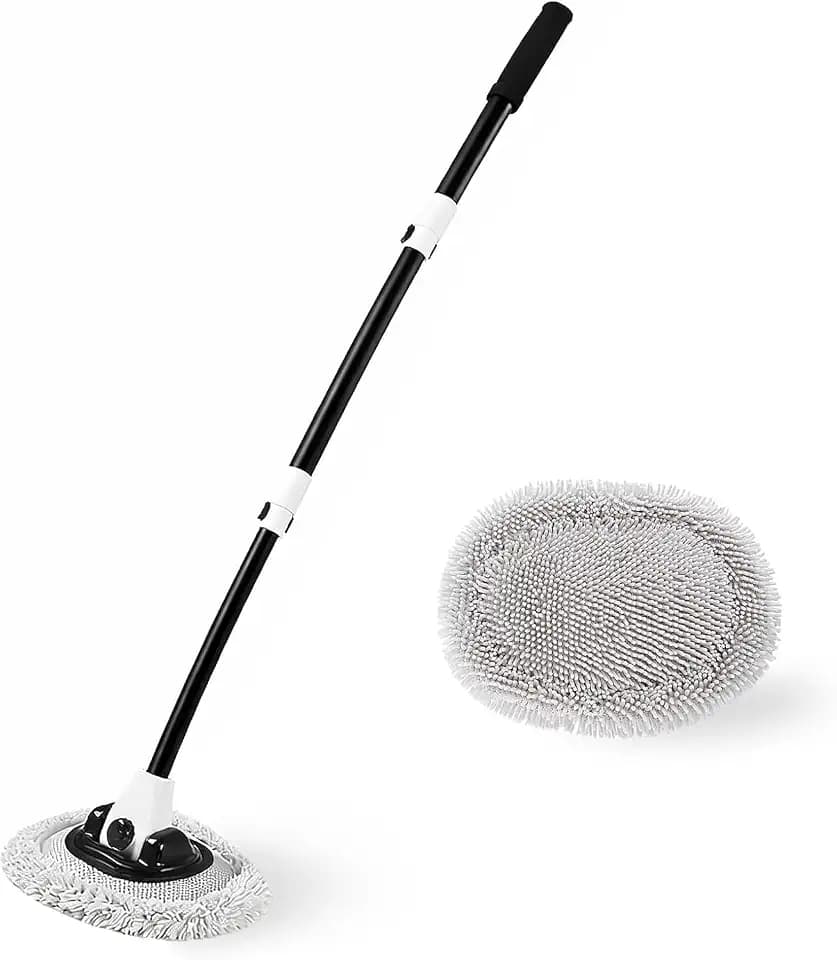 Volodya 15°Curved Car Wash Brush with 47" Extension Long Handle Telescopic Aluminum Microfiber Cleaning Mop for Car Truck SUV RV Boat Wheel Extension Pole Carwash Mop Duster