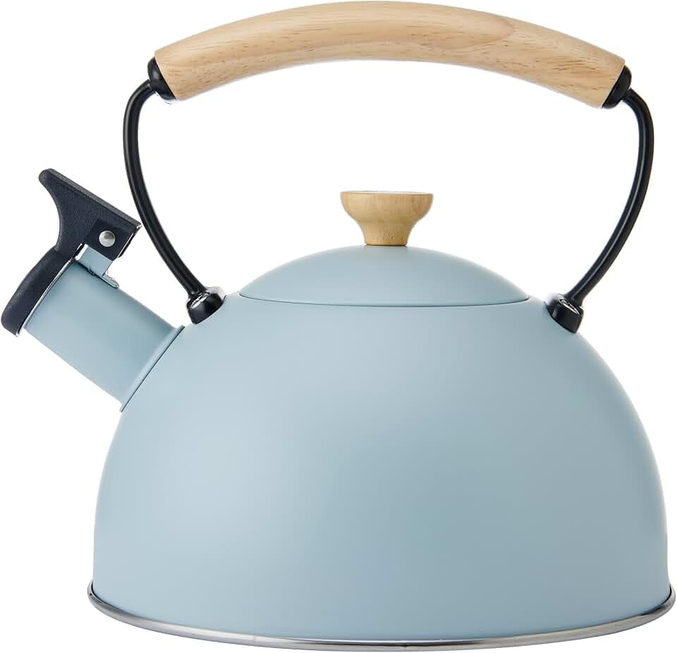 La Cafetière Flötenkessel mit hitzebeständigem Holzgriff, leicht, rostbeständig, mit klappbarem Ausgießer, kompatibel mit allen Herdplatten, 1,6 l, trendiges Himmelblau