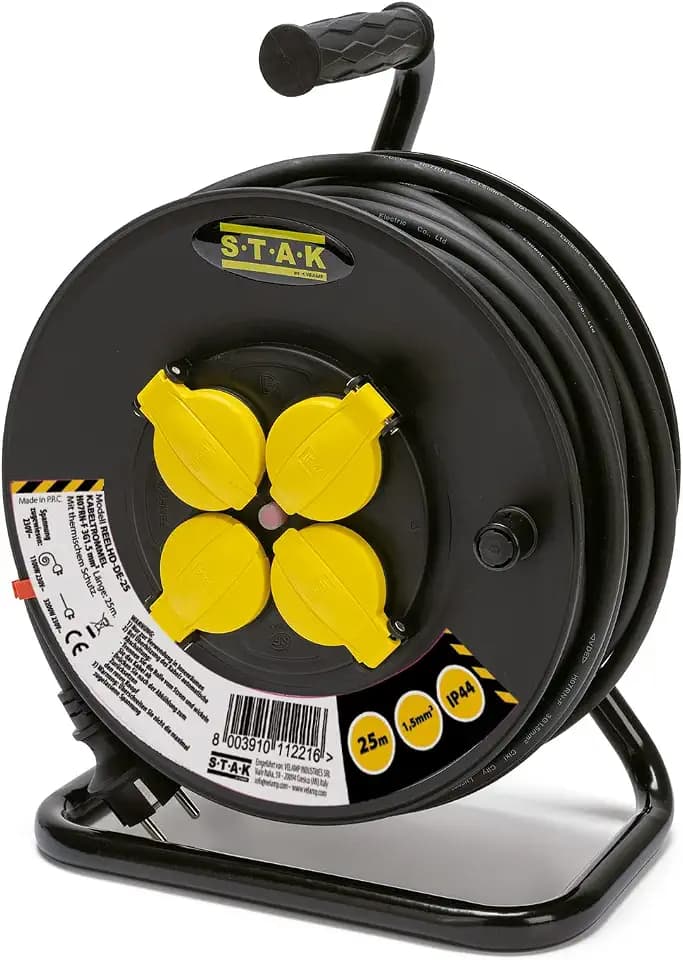 Professionelle Elektro-Kabeltrommel, 4 Steckdosen und Schuko-Stecker, H07RN-F3G1,5MM2, 25M, GS (TÜV), IP44.