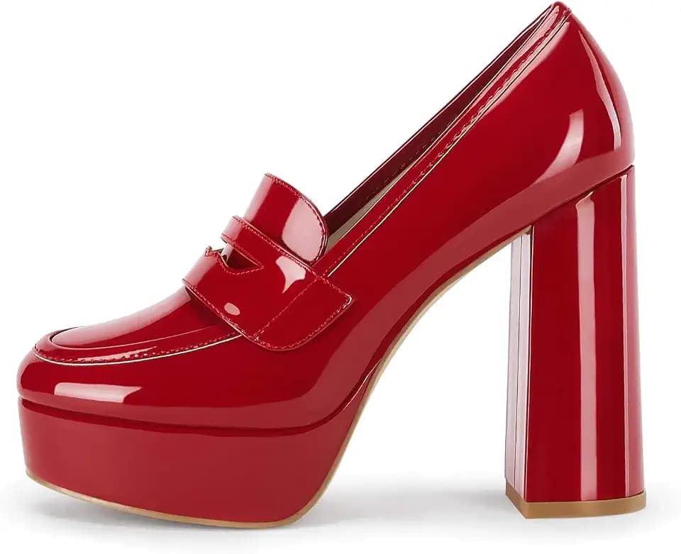 Coutgo Womens Platform Heels Loafers Chunky High Heel Closed Toe Patent Leather Shoes Penny Loafer Business Dress Work Pumps