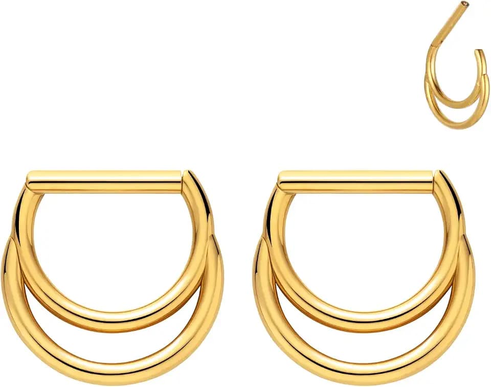 2Pcs G23 Titanium 14G Gold Nipple Piercing Jewelry D-Shape Clicker Nipple Rings for Women Men 14mm