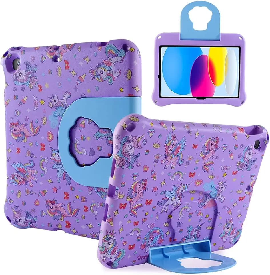 FW iPad 10.2 Case for 7th 8th 9th Gen - Unicorn Design Kid-Friendly Tablet Cover With Stand Handle, Shockproof EVA Material, Durable Full Protection for Boys and Girls - Purple