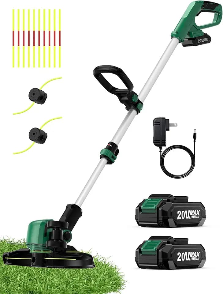 KIMO Cordless Weed Wacker Battery Operated w/ 2 x 2.0Ah Batteries, 12" Weed Eater w/10Pcs Dual-Sided Cutting Lines & Rapid Reload, 2-in-1 String Trimmer & Edger with Wheels, 20V Grass Trimmer for Lawn