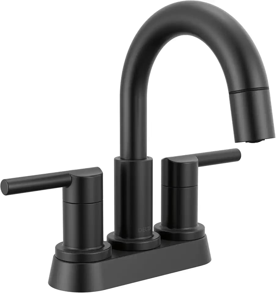 Delta Nicoli Centerset Matte Black Bathroom Faucet with Sprayer, 4 Inch 3 Hole Bathroom Sink Faucet with Pull Out Sprayer, Push-Pop Drain, Matte Black 25749LF-BLPD