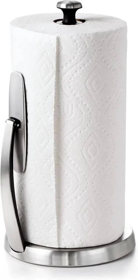 OXO Good Grips SimplyTear Küchenrollenhalter, Edelstahl, 30.9 cm | Einhandbedienung, federnder Haltearm, beschwerter rutschfester Sockel, freistehend, für gängige Küchenrollen