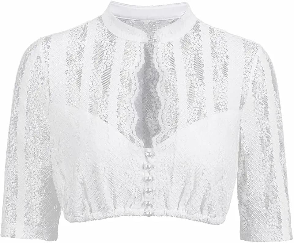 Dirndl Bluse Damen Trachtenbluse Damen Dirndlbluse Hochgeschlossen Spitze 1/2 Ärmel mit Knopf Dirndlblusen für Oktoberfest Bluse Weiß, Größe 34-44