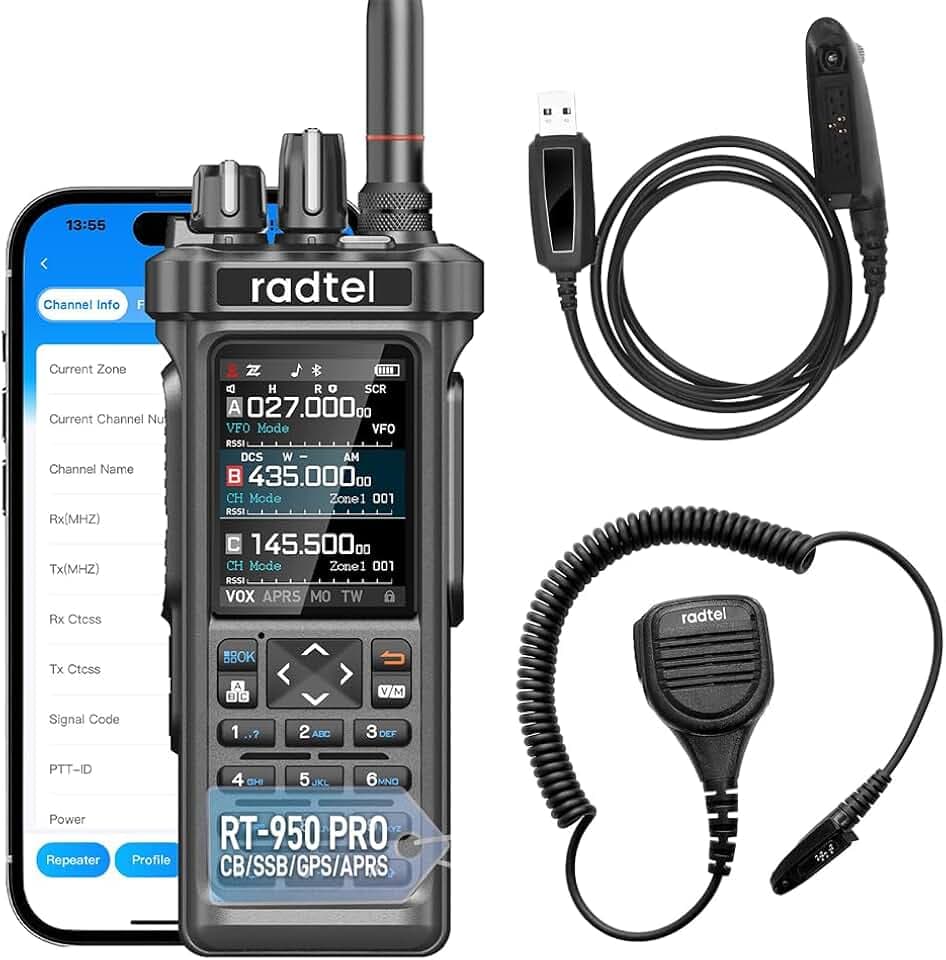 Radtel RT-950 PRO Ham Radio 27Mhz TX GPS/APRS, 10W Walkie Talkie Long Range Handheld Two Way Radio, AM/FM/CB/SW/MW/LW RX, Bluetooth APP Programming, NOAA (with Programming Cable，Microphone)