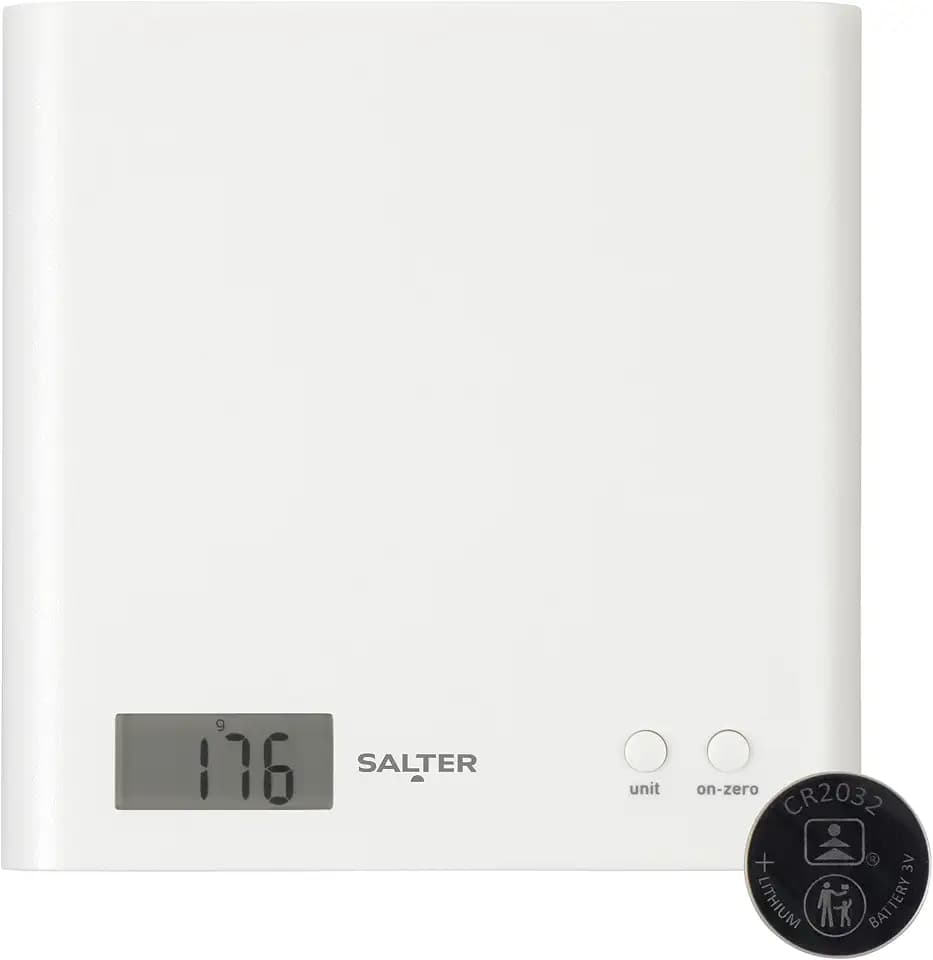 Salter Küchenwaage Digital 3kg, Digitale Küchenwaage mit Schlanker Plattform, Waage Küchenwaage mit Tara-Funktion, Elektronische Küchenwaage Kompakt, Arc Design, Weiß
