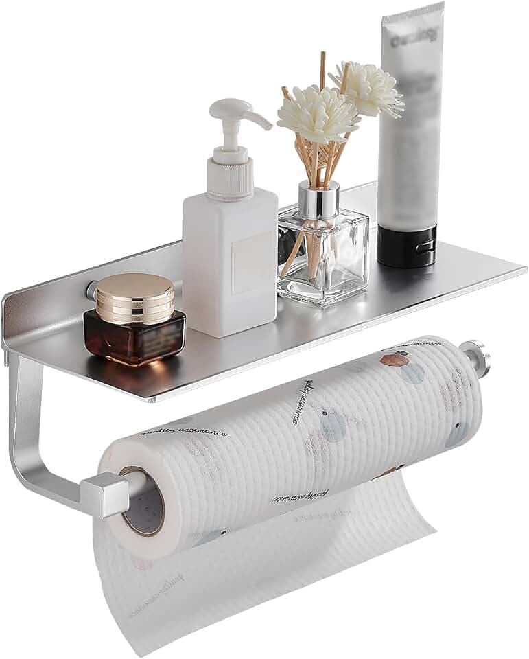 Danpoo Wall Mount Paper Towel Holder with Shelf for Bathroom/Kitchen, Adhesive Hand Towel Holder, Matte Silver