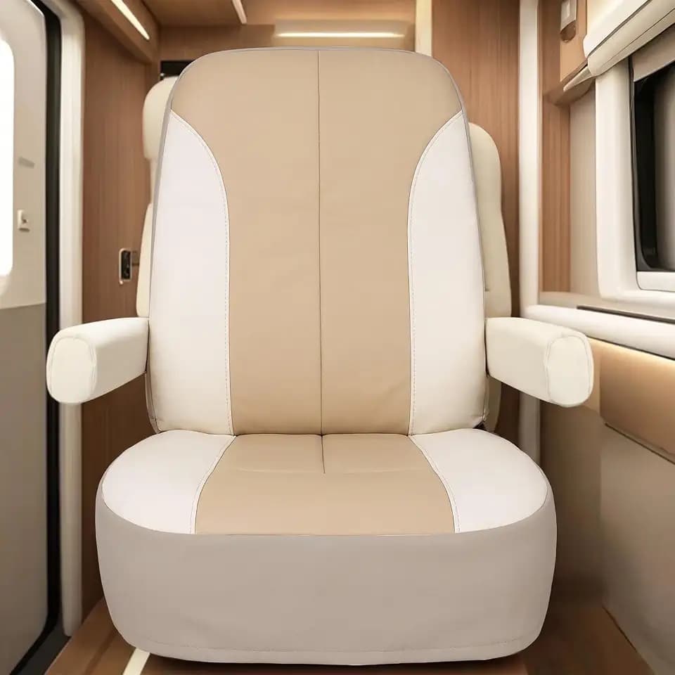 DaisyInner 2 Pack RV Seat Covers for Captains Chairs Motorhome Seat Cover with Side Pockets Waterproof Faux Leather Car Seats Cushion with Armrest Covers, Khaki and Beige