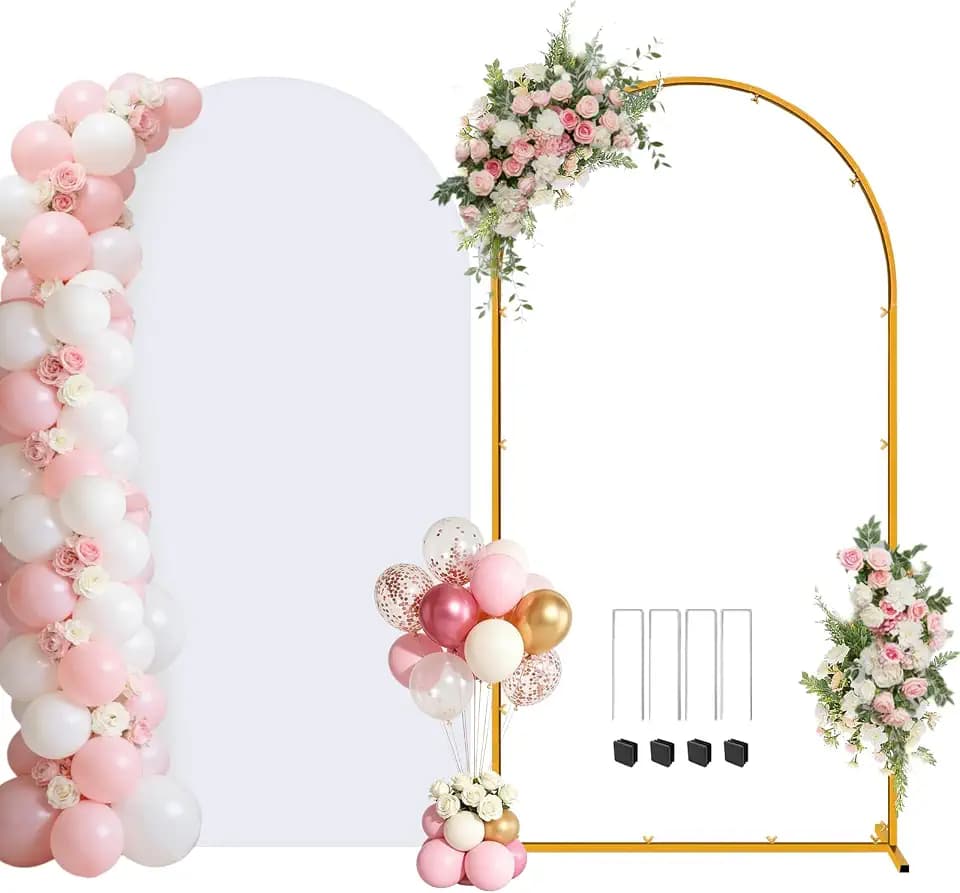 Metal Arch Backdrop Stand and Cover Set, 7.2FT Gold Wedding Backdrop Arch Frame Stand with Cover, Balloon Arch Stand with White Arch Cover for Party Birthday Baby Shower Graduation Decorations