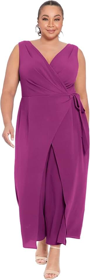 London Times Women's Sleeveless Wrap Look Jumpsuit With Front Leg Slit Openings