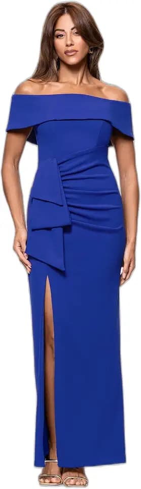 Xscape Women's Long Off The Shoulder Scuba Crepe Slit Dress (Reg and Petite)