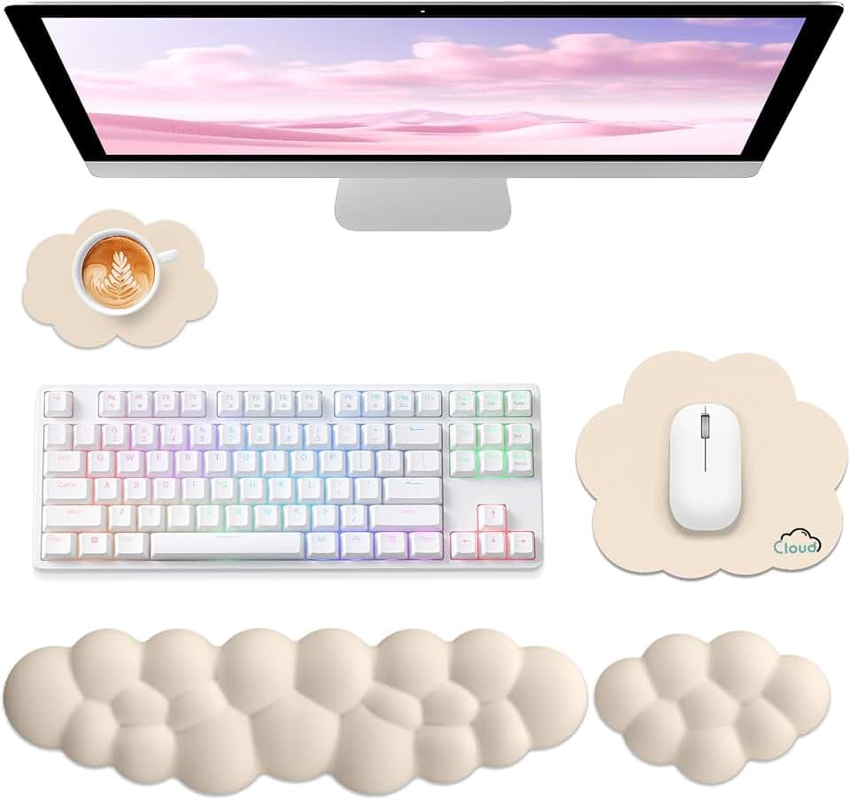 Sushret Cloud Wrist Rest for Computer Keyboard and Mouse Pad Set, Beige