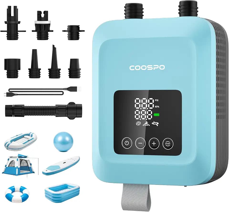CooSpo Electric SUP Air Pump, 20PSI High Pressure Electric Inflator, 59.2/44.4 Wh Rechargeable Battery Powered, Low Noise, Digital Display Auto Stop, Dual Mode Inflation for Kayaks, Paddle Boards
