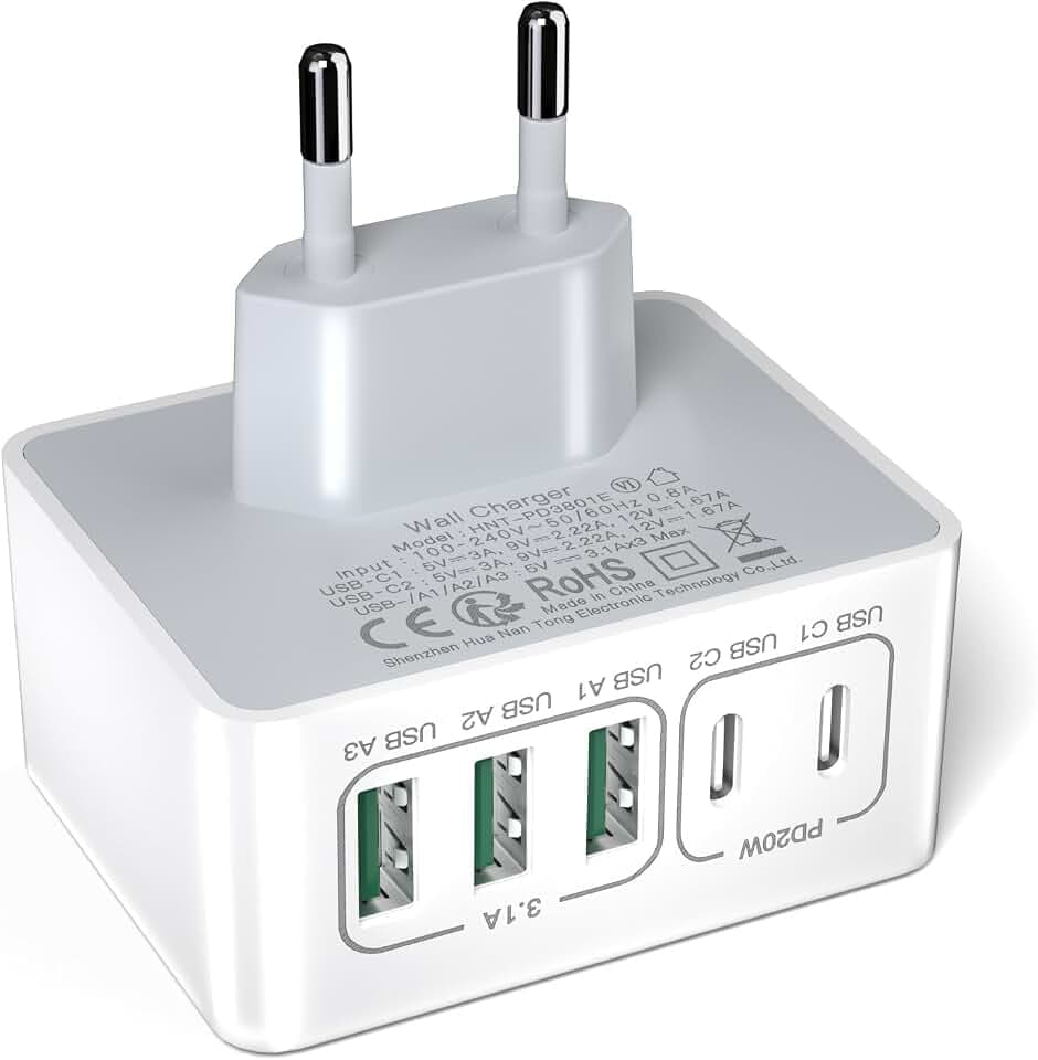 Ladegerät USB C 50 W, Adapter Steckdose USB Multi-Ladegerät, 5 Ports, Schnellladegerät iPhone für iPhone 17 16 15 14 13 12 11 Pro Max X XS XR 8, iPad, Schnellladegerät Samsung, Pixel
