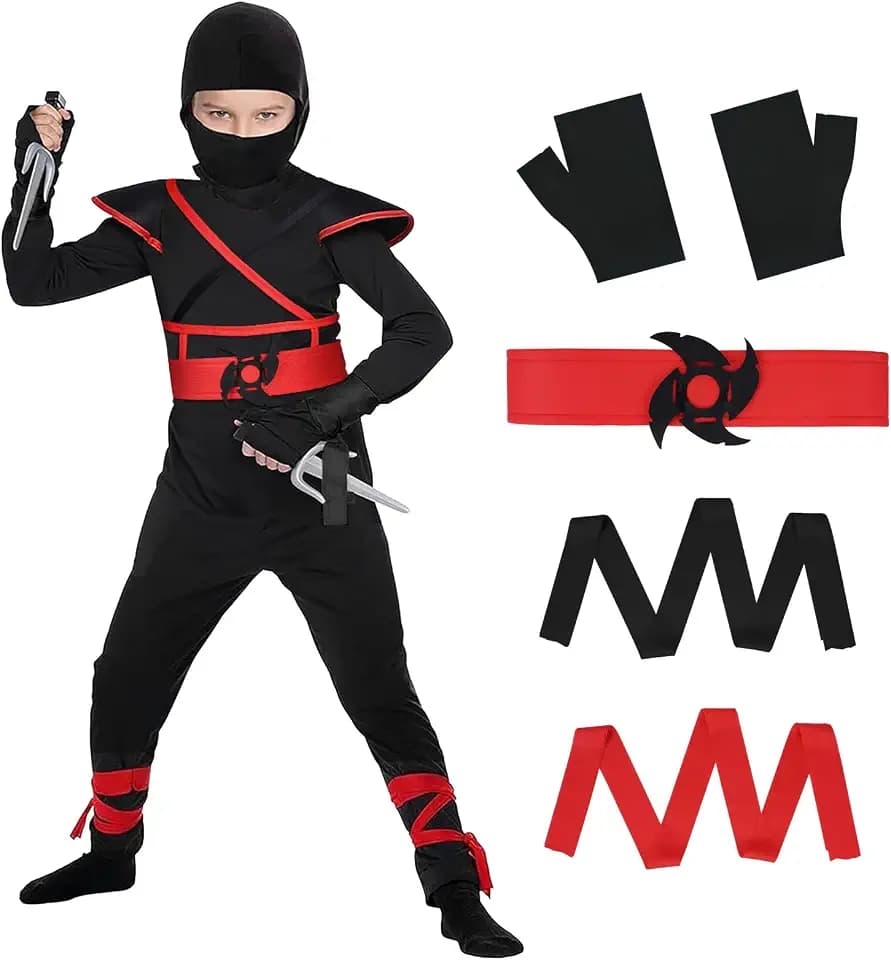AOOWU Ninja Kostüm Kinder, Ninja Cosplay Set mit Handschuhen, Jungen Mädchen Krieger Anzug, Karneval Kostüm Kinder, Halloween Verkleidung für Party Cosplay (XL)