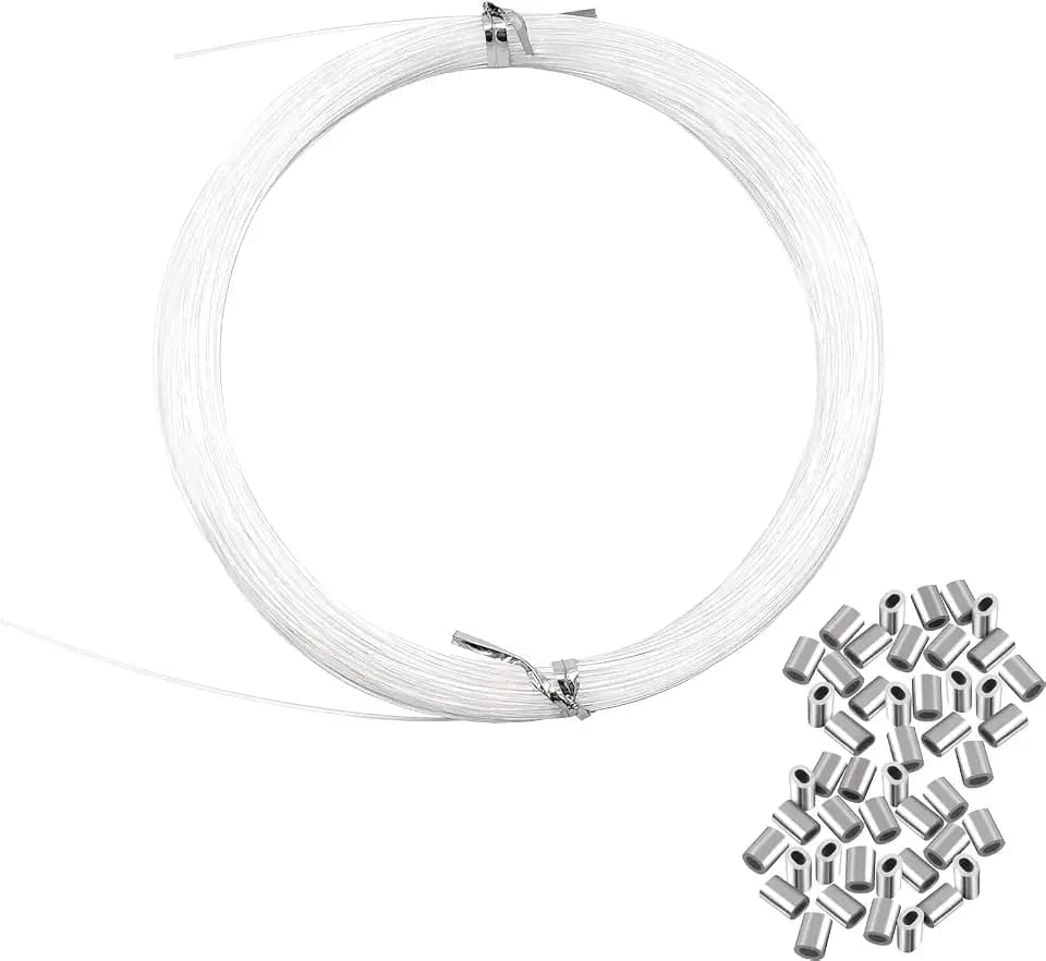 Invisible Hanging Support Up to 60lbs, 98Feet(30M) Clear Picture Wire with 40 Aluminum Crimping Sleeves, Strong Nylon Wire for Hanging Picture Frame, String Light, Christmas Decor