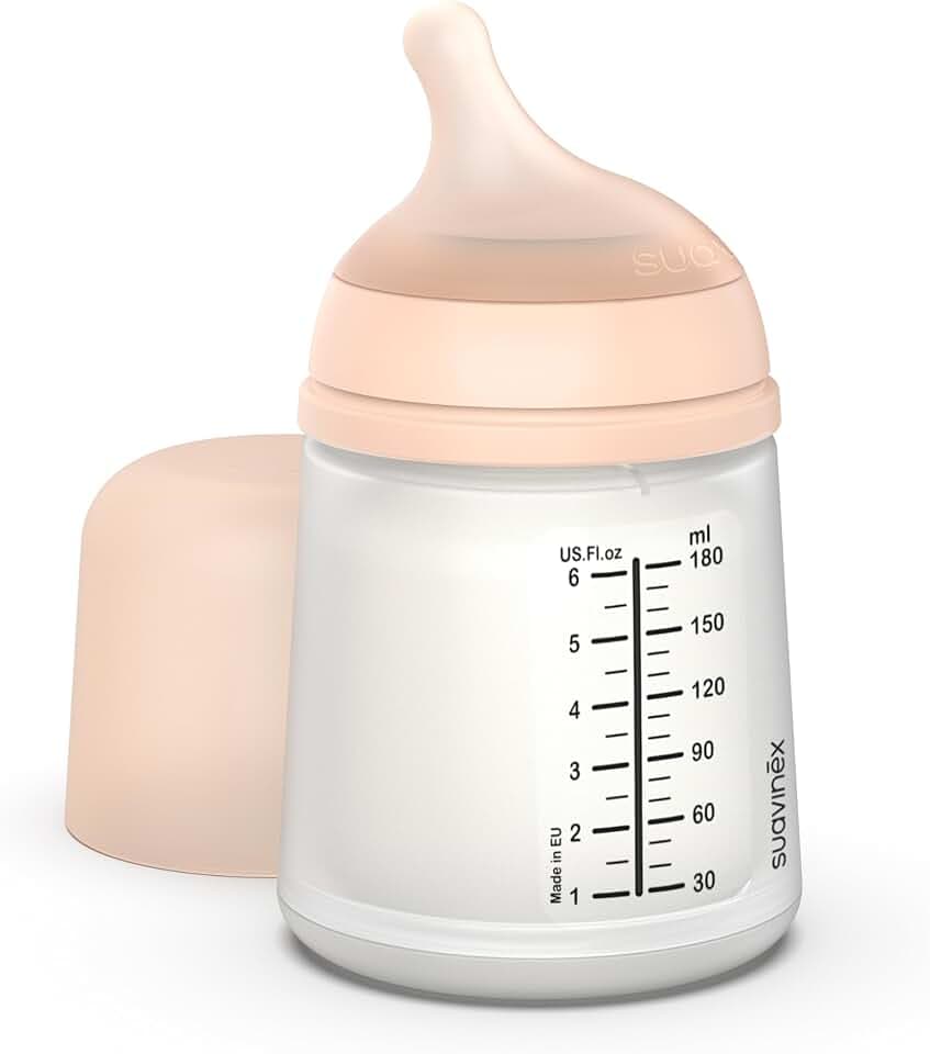 Suavinex, Zero Zero Anti-Kolik Babyflasche mit anpassbarem Nahrungsfluss (A) aus Silikon, +0 Monate, Babyflasche für Neugeborene, kompatibel mit dem Stillen, 180 ml