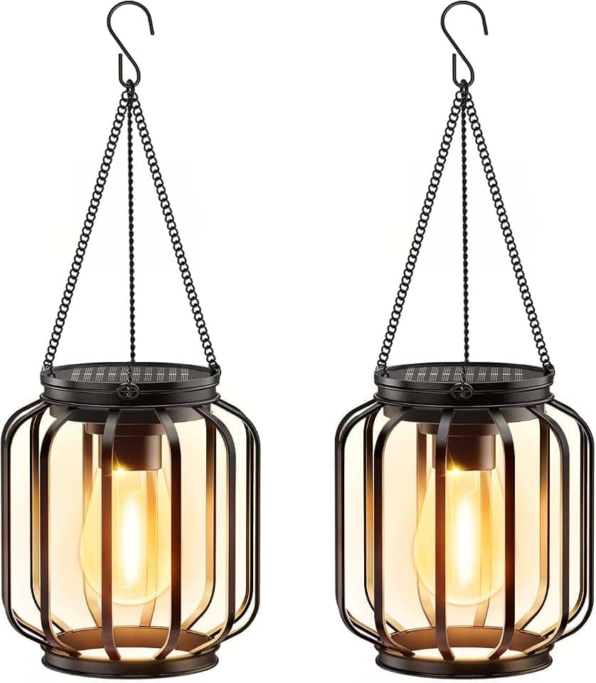 Solar Hanging Lanterns Outdoor: 2 Pack Metal Solar Hanging Lights with Hook, Bright - Warm Waterproof LED Lanterns for Outside, Classic Decorative Solar-Powered Light for Yard Garden Patio Porch Decor