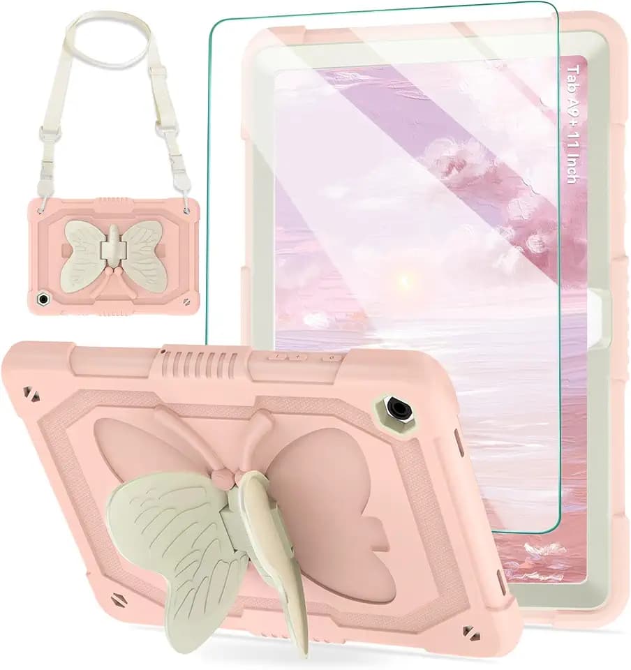 ACEMO for Samsung Galaxy Tab A9 Plus Case 11 Inch 2023 with Screen Protector, Butterfly Kickstand, Shoulder Strap Cute for Kids Rugged Cover for Galaxy Tab A9+ (SM-X210/X216/X218) Pink
