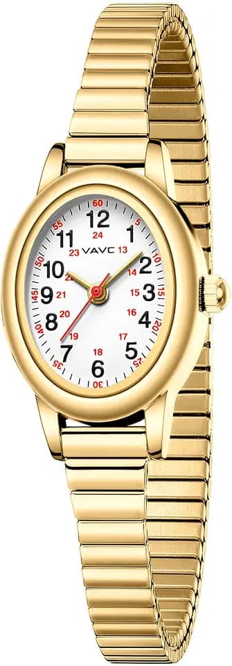 Gold Watch Waterproof Nurse Watch for Medical Professionals,Students,Women-Military Time Easy Read Dial,24 Hour with Second Hand,Stainless Steel Expansion Band