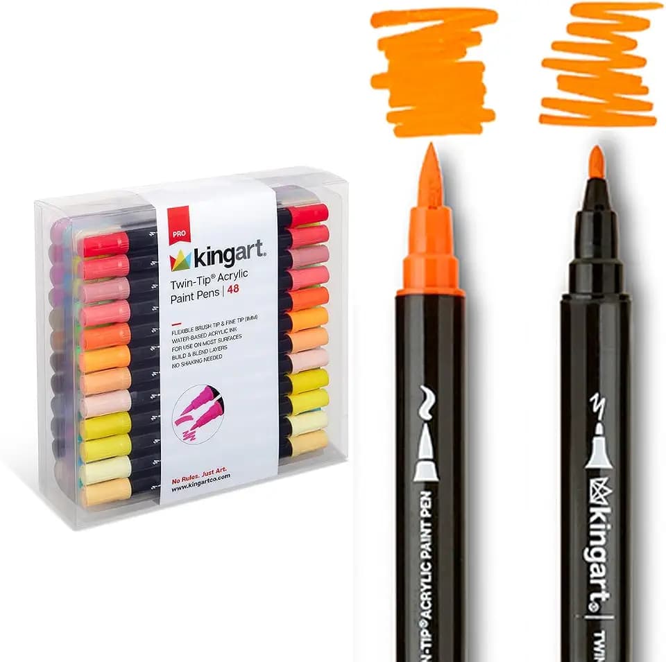 KINGART Acrylic Paint Markers, 48 Quick-Dry Dual-Tip Pens for Rock, Fabric, Wood, Glass & Crafts. Ideal for Halloween, drawing, painting, and art supplies