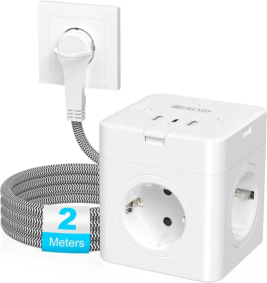 Steckdosenwürfel mit 3 USB, 4 Fach Flachstecker Mehrfachsteckdose mit Einzeln Schalter, Steckdosenleiste mit USB C, 7 in 1 Power Steckdose mit 2M Geflochtenem Kable, Steckerleiste für Büro Reisen,Weiß