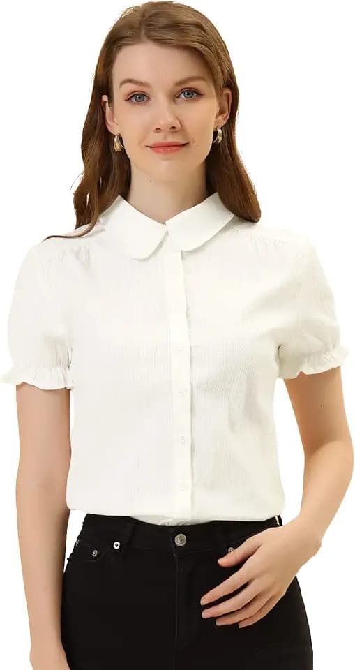 Allegra K Women's Peter Pan Collar Shirt Cotton Button Down Vintage Shirts