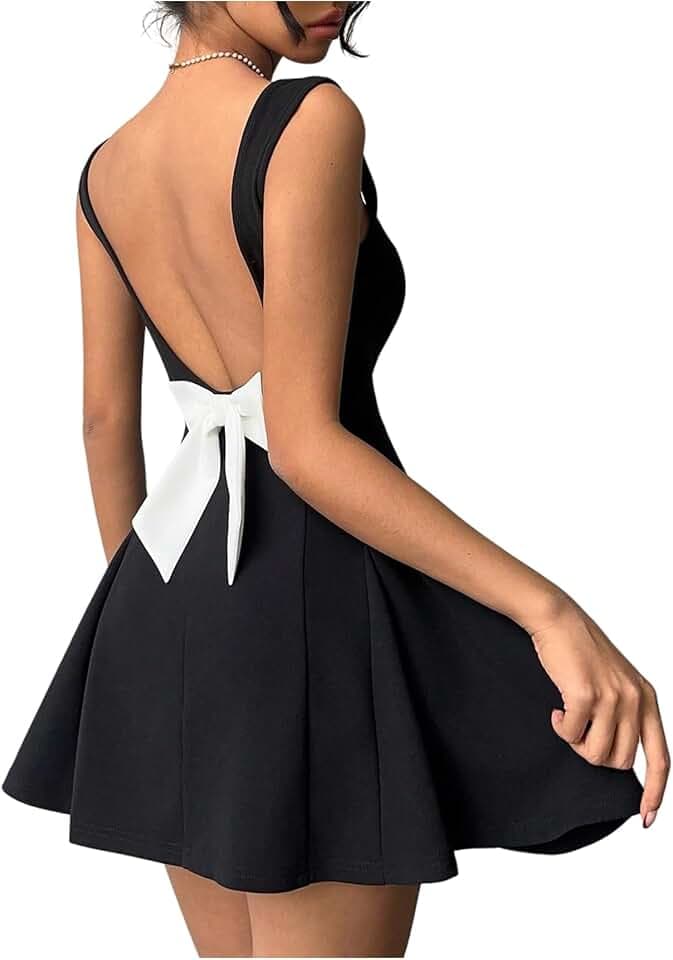 OYOANGLE Women's Open Back Bow Mini Ruffle Dress Square Neck Sleeveless Short Party Dresses