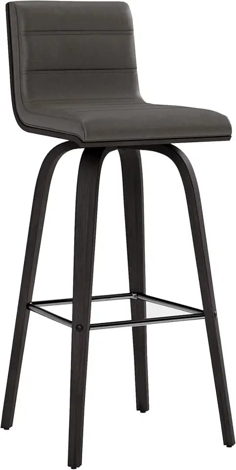 Armen Living Vienna Modern Swivel 30" Bar Height Barstool with Gray Faux Leather and Black Wood Finish