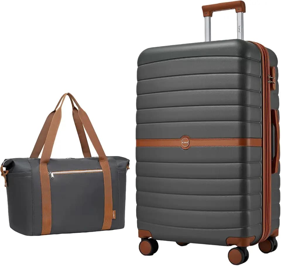 Kono Luggage Sets 2 Piece, Expandable 28 Inch Luggage with Spinner Wheels, Lightweight & Anti-Scratch PC+ABS Hardshell Travel Rolling Suitcase Large Checked Luggage with Duffel Bag, Grey/Brown