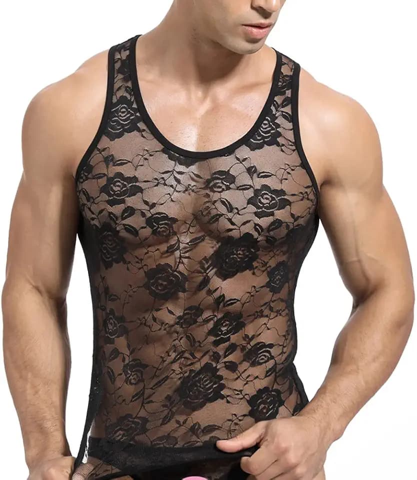 Männer Unterwäsche Spitze Floral Body Weste Sport Top Mesh Transparent Durchsichtig Durchsichtig Hemd Muscle Top Kurz Strick Körper Kleidung Sport