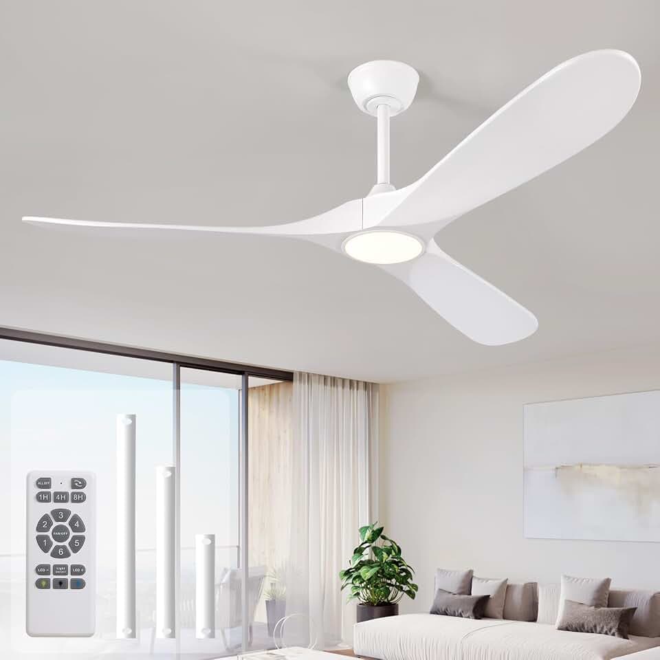 52 Inch White Wood Outdoor Ceiling Fans with Lights and Remote